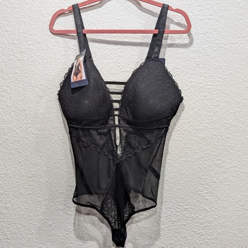 Rachel Roy Curvy Lace High Cut Teddy Bodysuit Black 1X NWT Sheer Lingerie - Picture 5 of 10